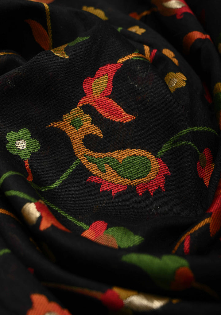 Black Rayon Saree with Kani Design and Floral Design