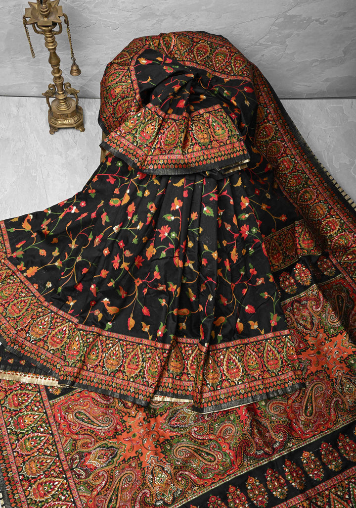 Black Rayon Saree with Kani Design and Floral Design