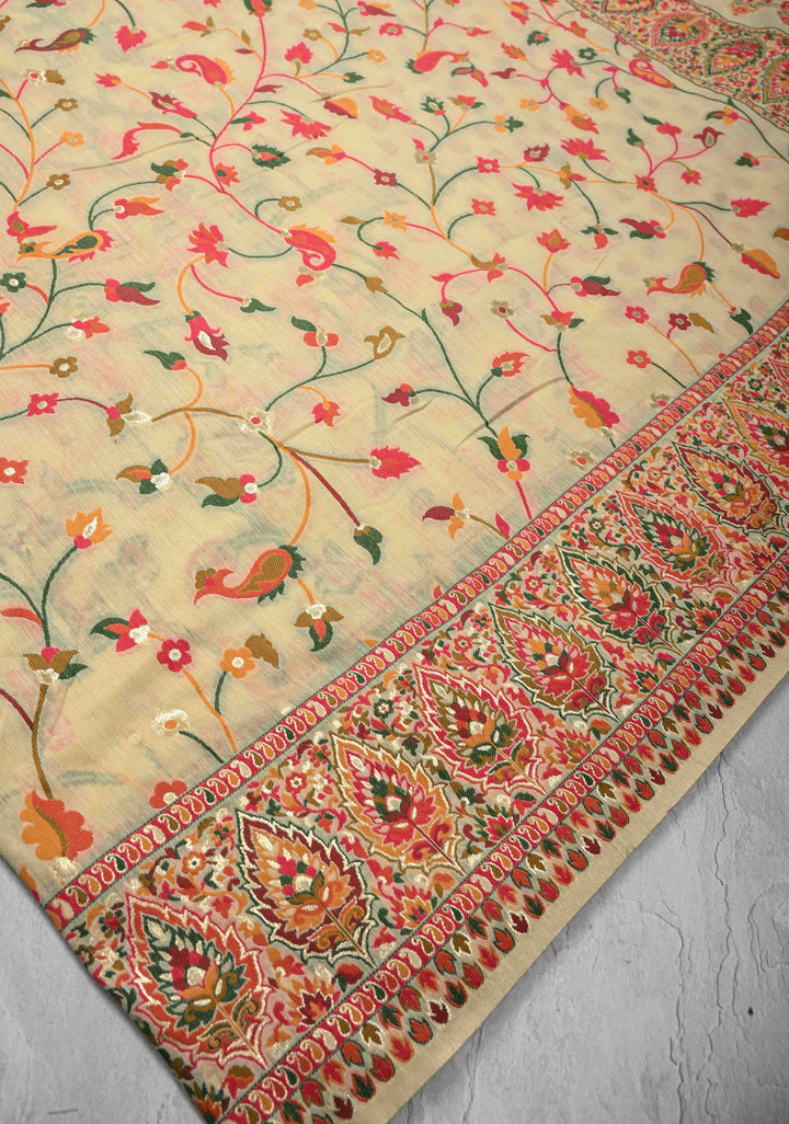Rayon Saree in Kani Design with Floral Jaal in Beige