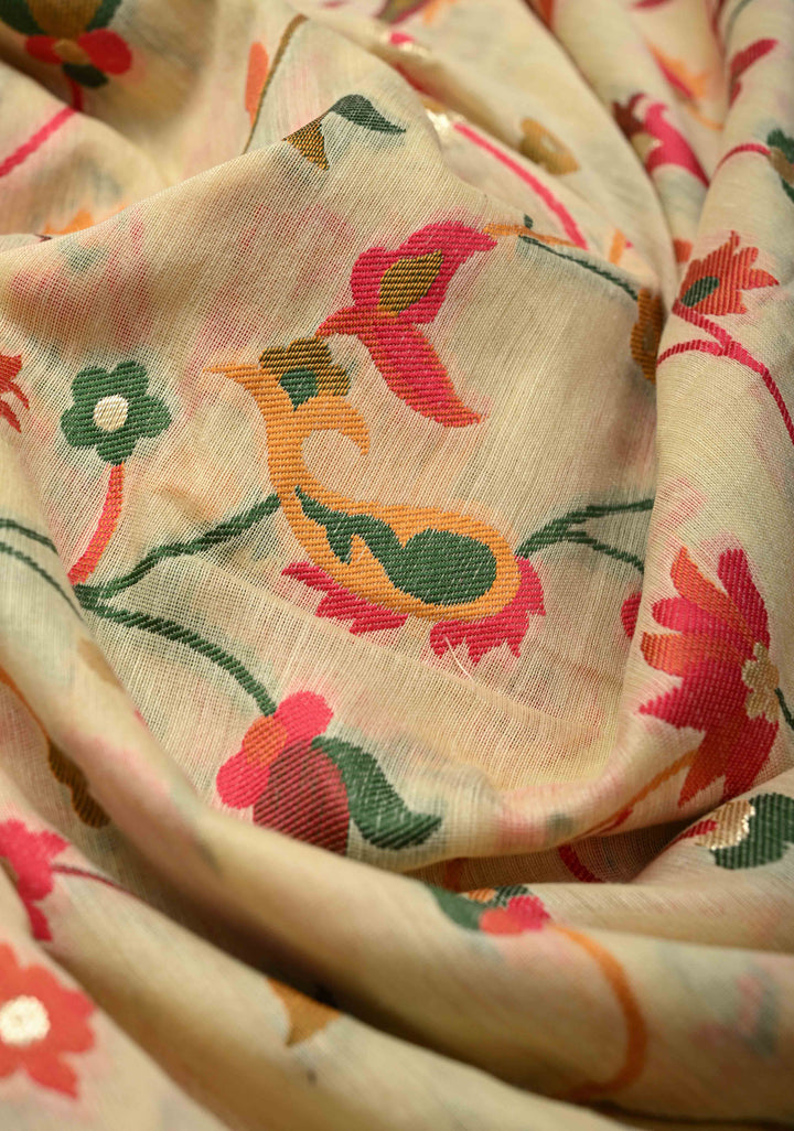Rayon Saree in Kani Design with Floral Jaal in Beige