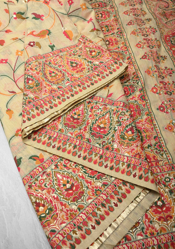 Rayon Saree in Kani Design with Floral Jaal in Beige