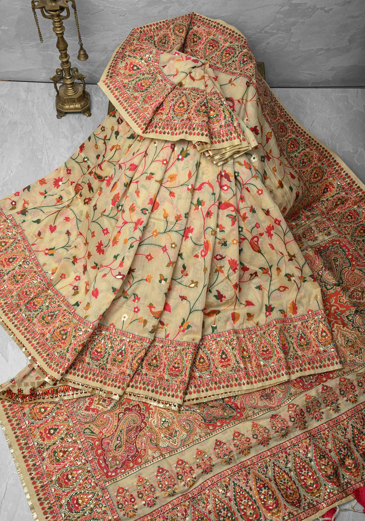Rayon Saree in Kani Design with Floral Jaal in Beige