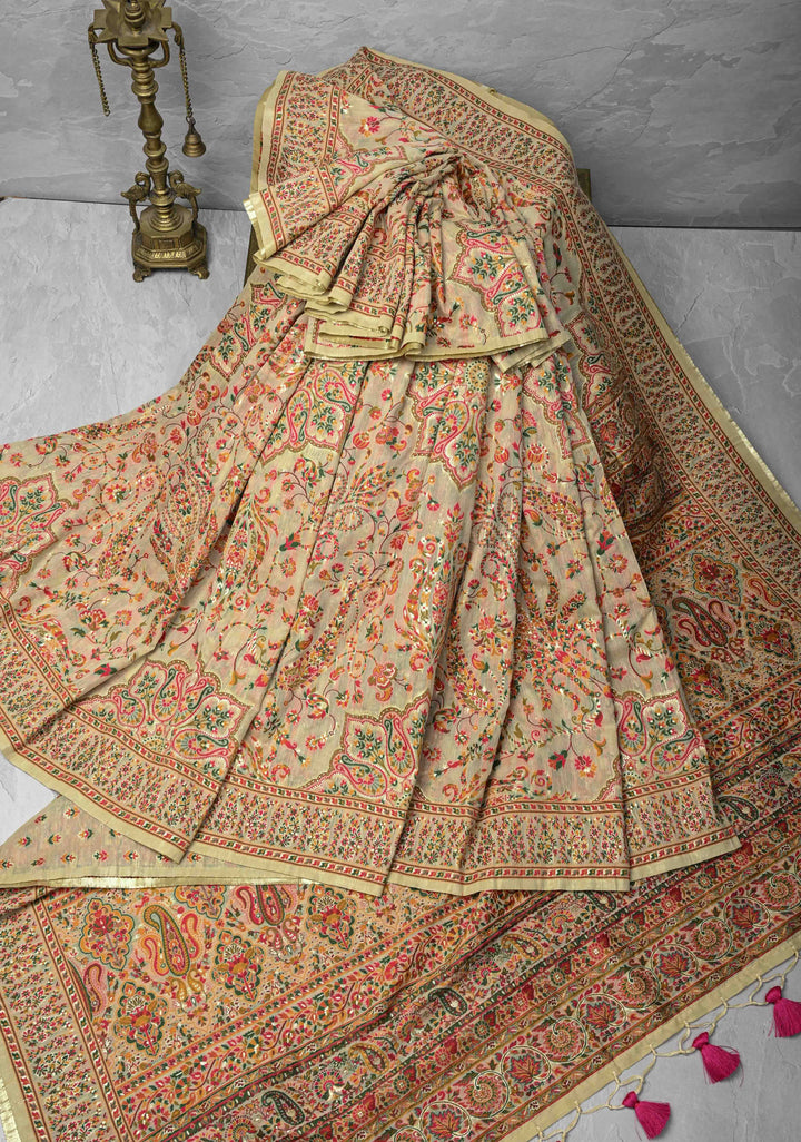 Rayon Saree in Kani Design with Floral Jaal in Beige
