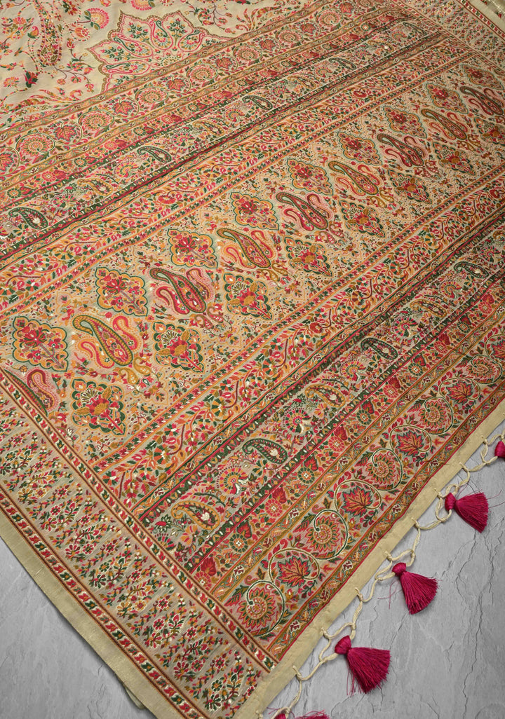 Rayon Saree in Kani Design with Floral Jaal in Beige