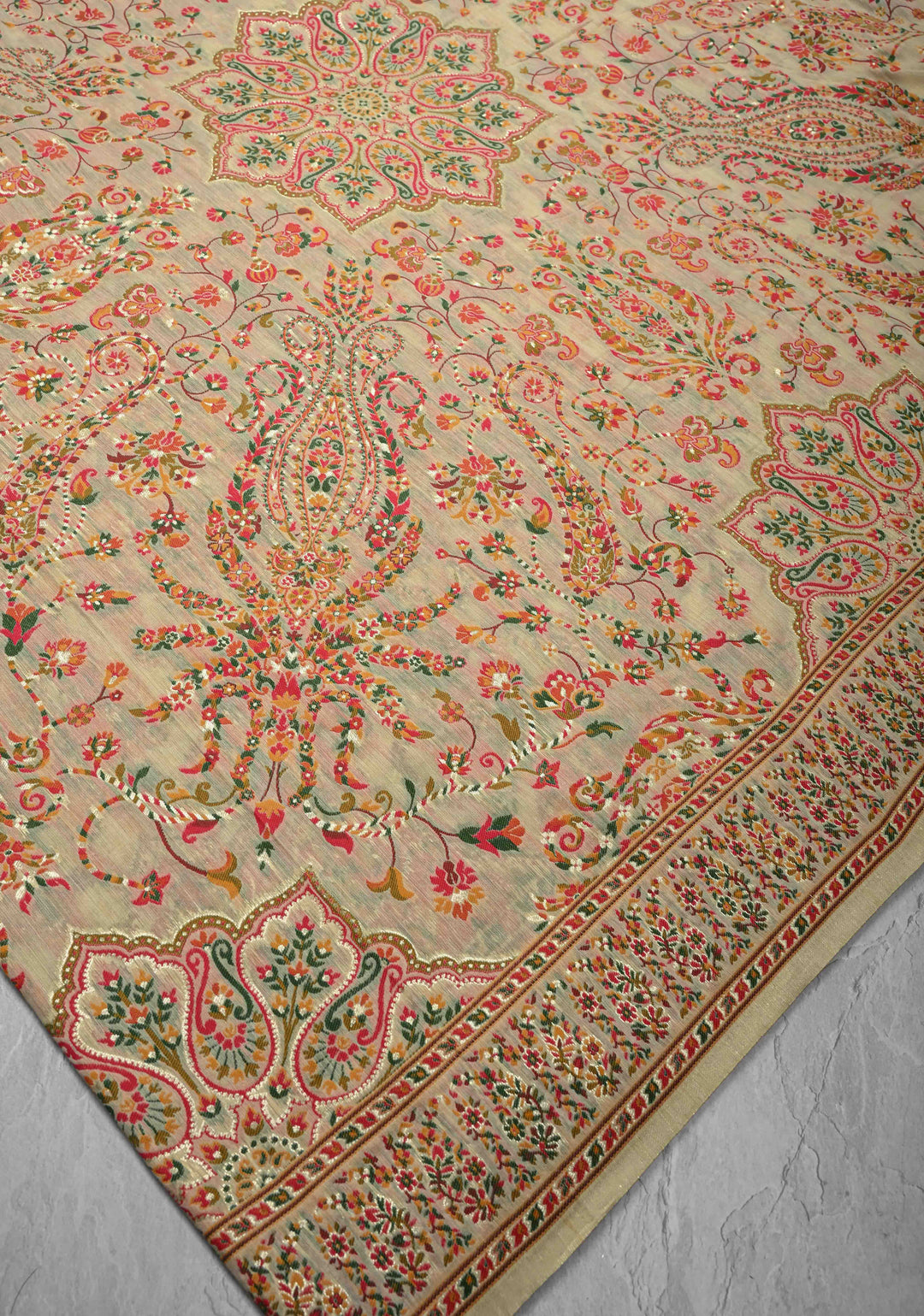 Rayon Saree in Kani Design with Floral Jaal in Beige