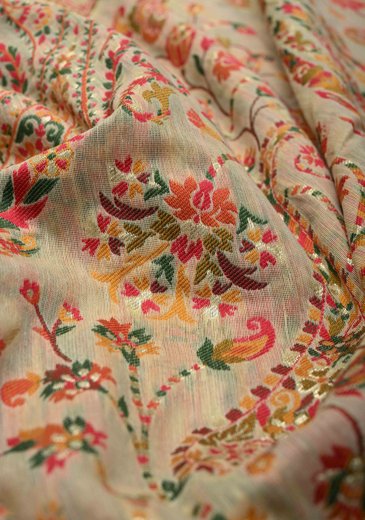 Rayon Saree in Kani Design with Floral Jaal in Beige