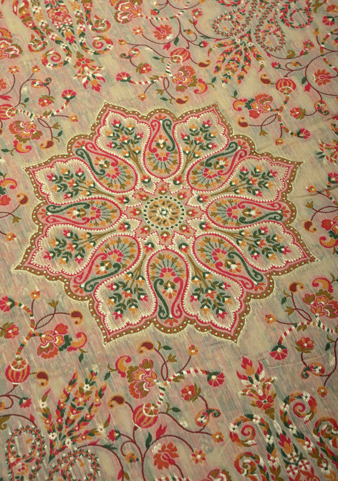 Rayon Saree in Kani Design with Floral Jaal in Beige