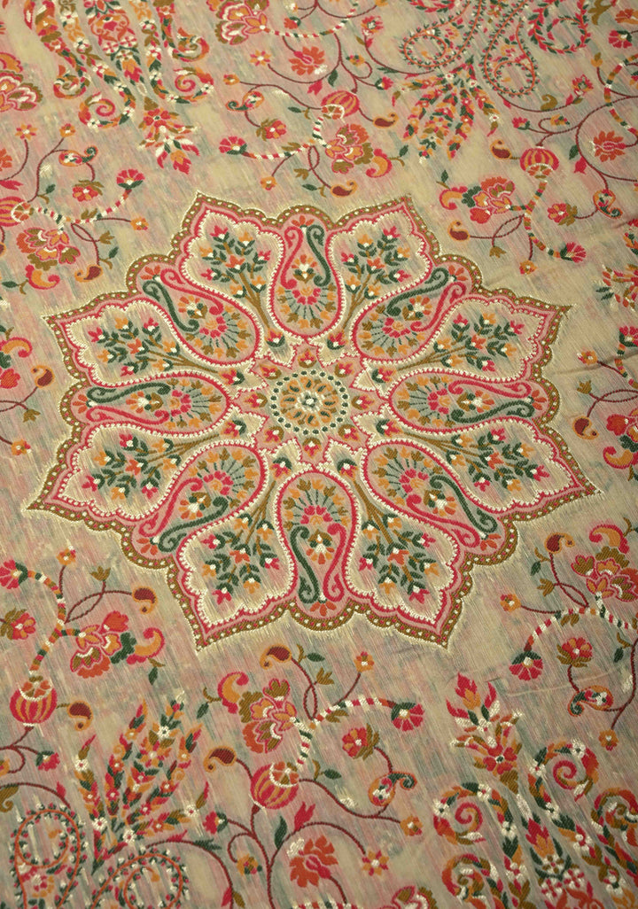 Rayon Saree in Kani Design with Floral Jaal in Beige