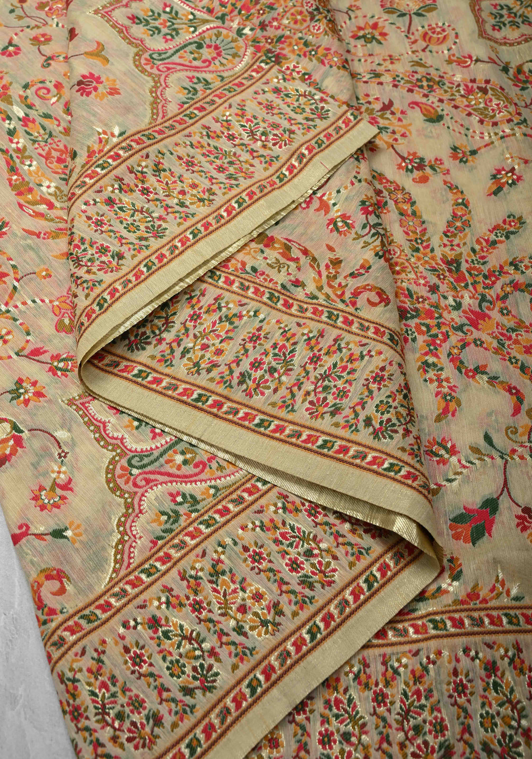 Rayon Saree in Kani Design with Floral Jaal in Beige