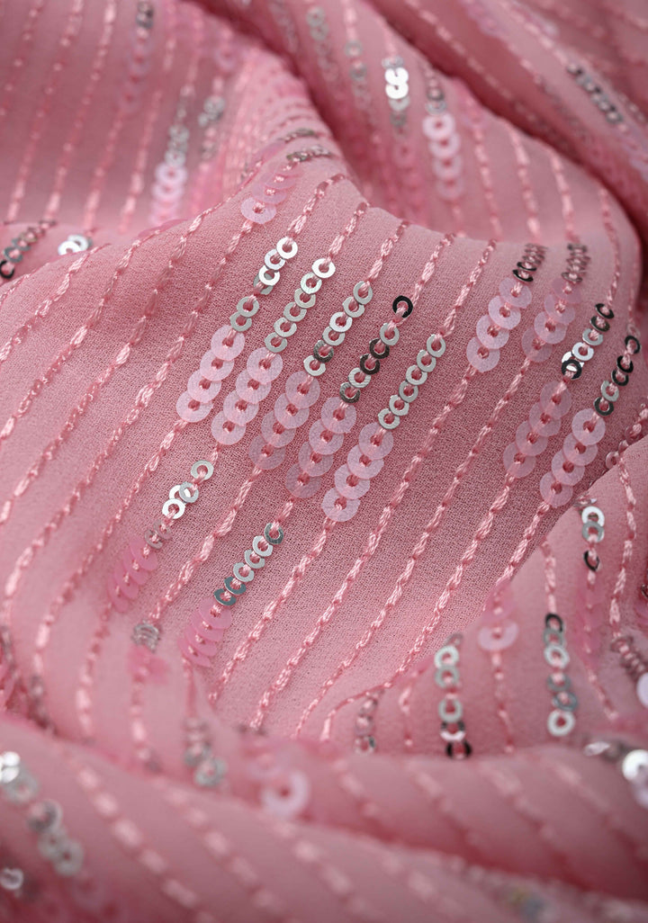 Ligth Pink Full Sequins Embellished on Georgette Saree with Scalloped Border