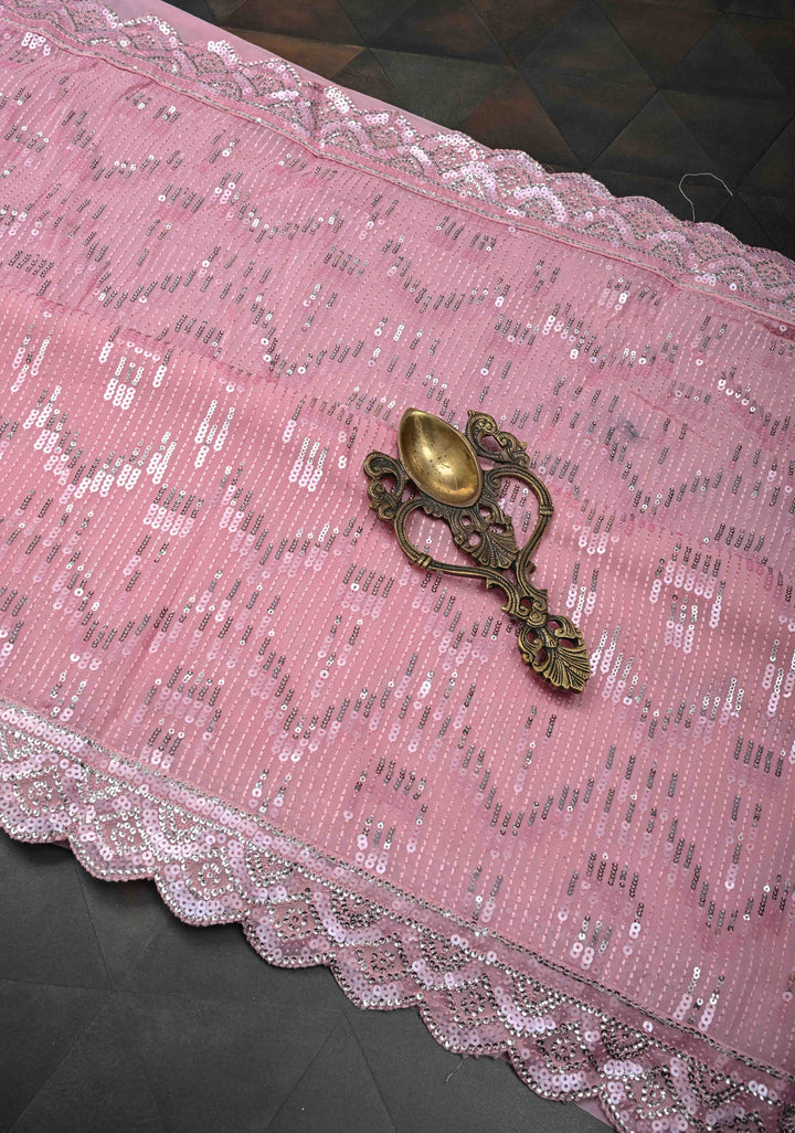 Ligth Pink Full Sequins Embellished on Georgette Saree with Scalloped Border