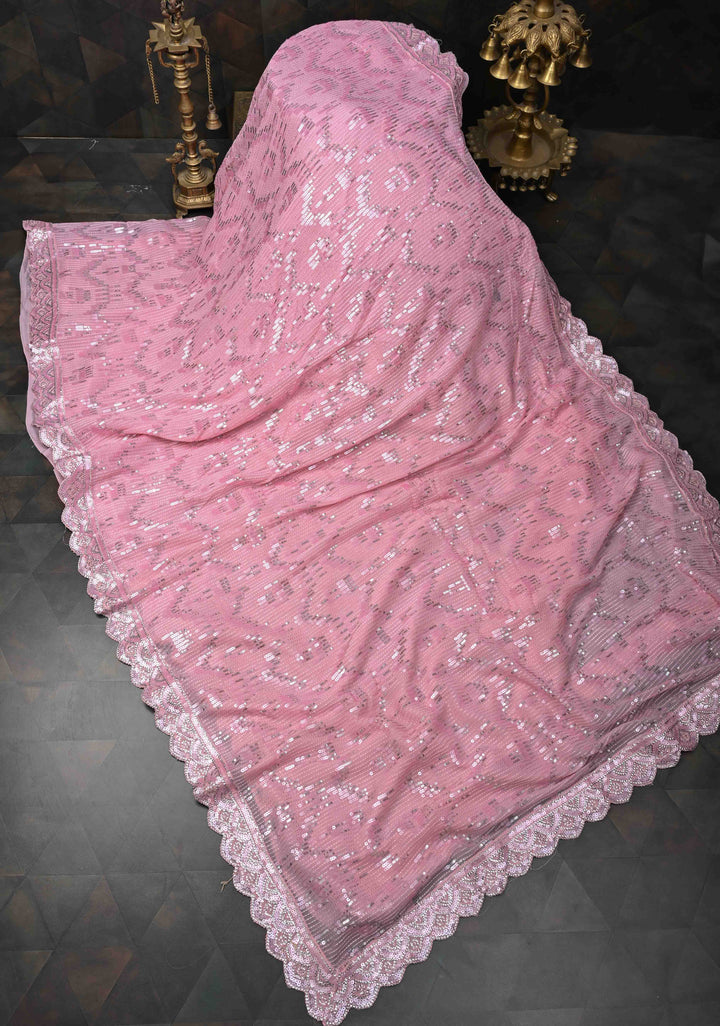 Ligth Pink Full Sequins Embellished on Georgette Saree with Scalloped Border
