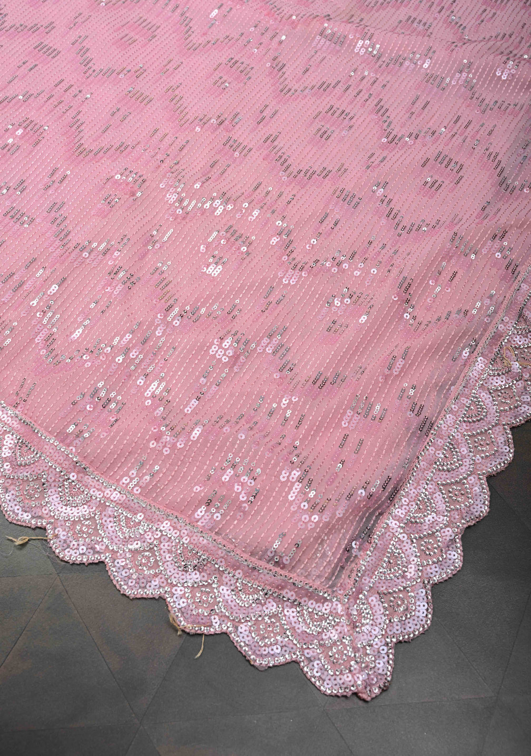 Ligth Pink Full Sequins Embellished on Georgette Saree with Scalloped Border
