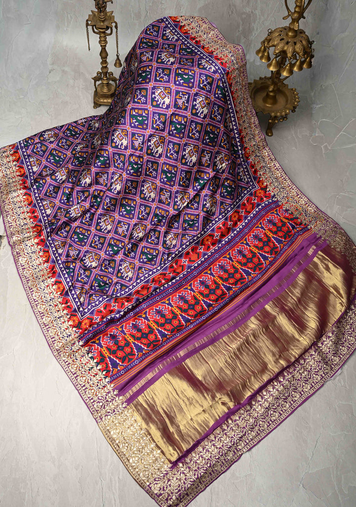 Purple Gajji Silk Saree with Patola Digital Print and Gotta Patti Border
