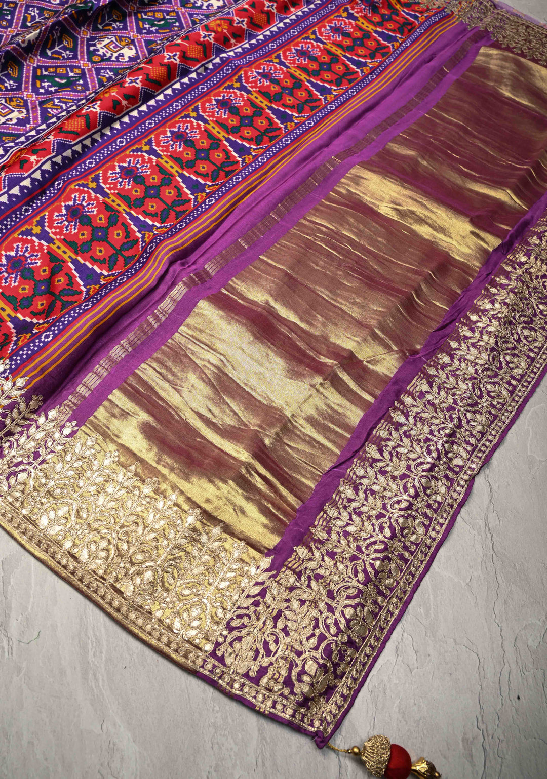Purple Gajji Silk Saree with Patola Digital Print and Gotta Patti Border