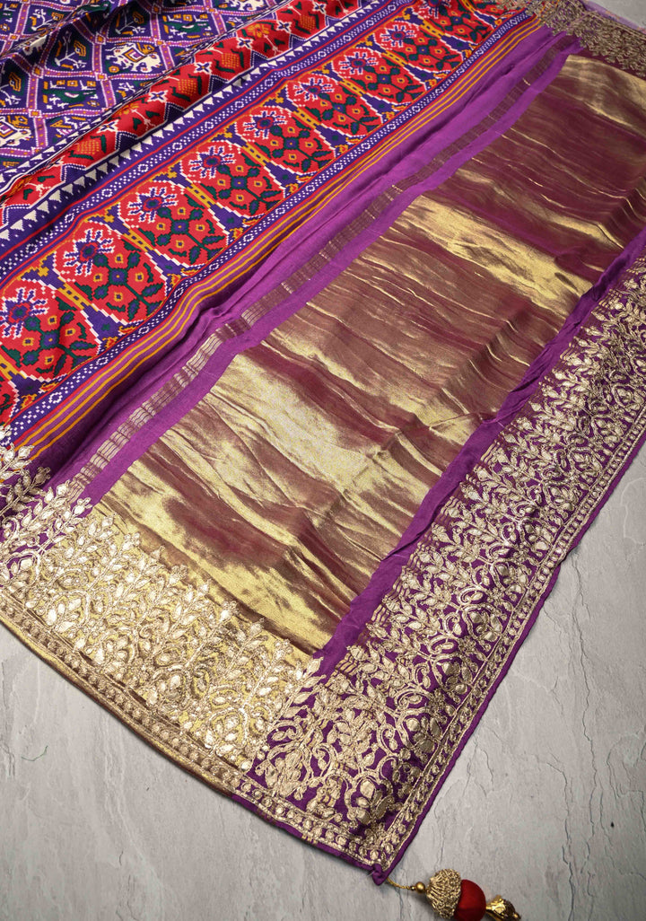 Purple Gajji Silk Saree with Patola Digital Print and Gotta Patti Border