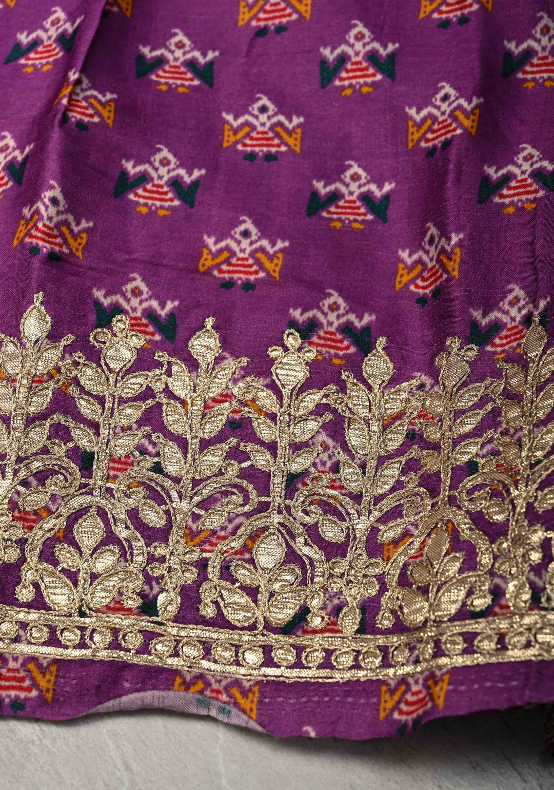 Purple Gajji Silk Saree with Patola Digital Print and Gotta Patti Border