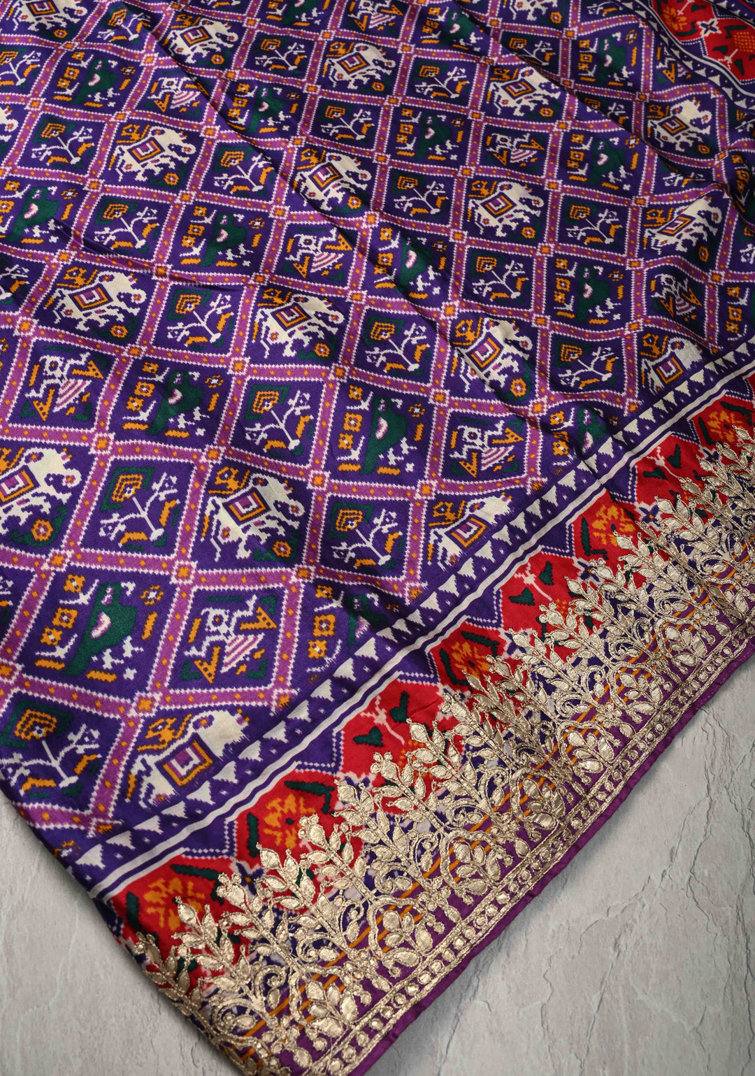Purple Gajji Silk Saree with Patola Digital Print and Gotta Patti Border