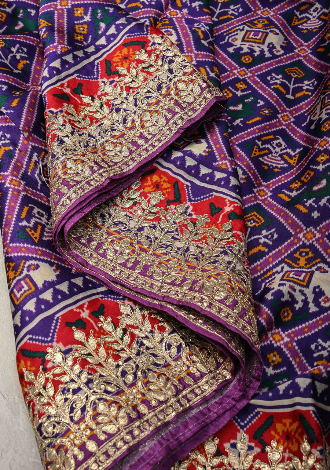 Purple Gajji Silk Saree with Patola Digital Print and Gotta Patti Border