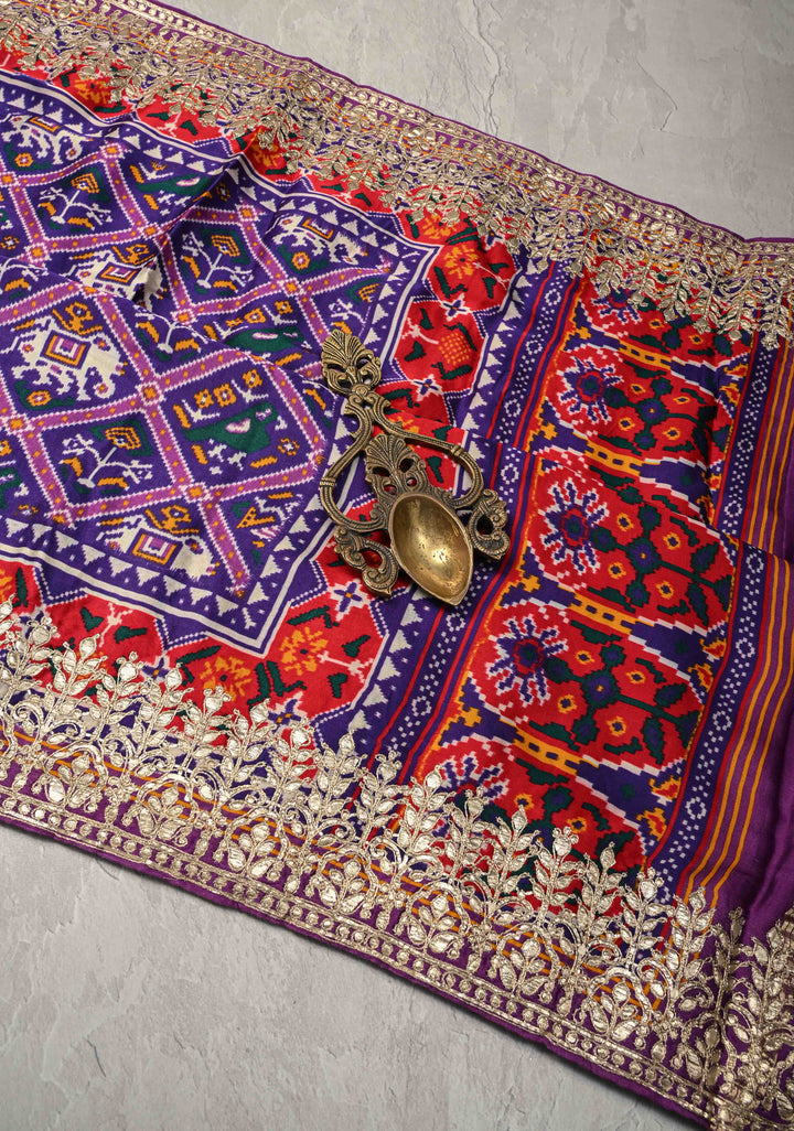 Purple Gajji Silk Saree with Patola Digital Print and Gotta Patti Border
