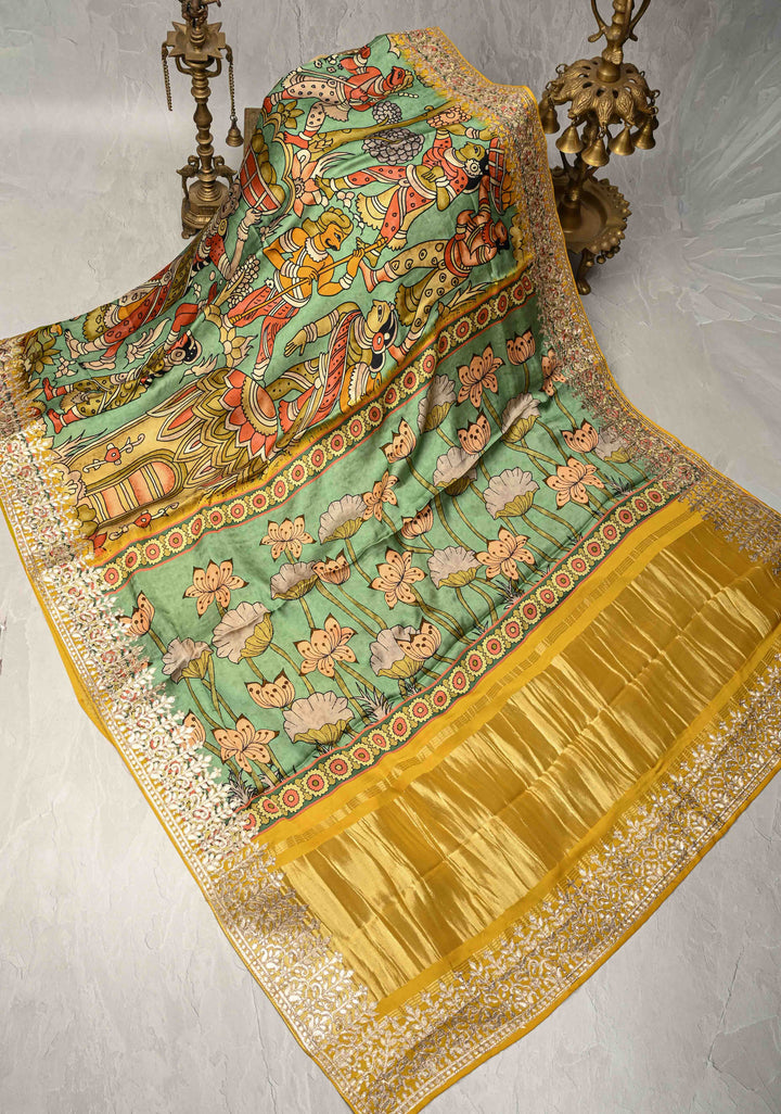 Green Gajji Silk Saree with Village Theme Kalamkari Digital Print and Gotta Patti Border | SHOBITAM