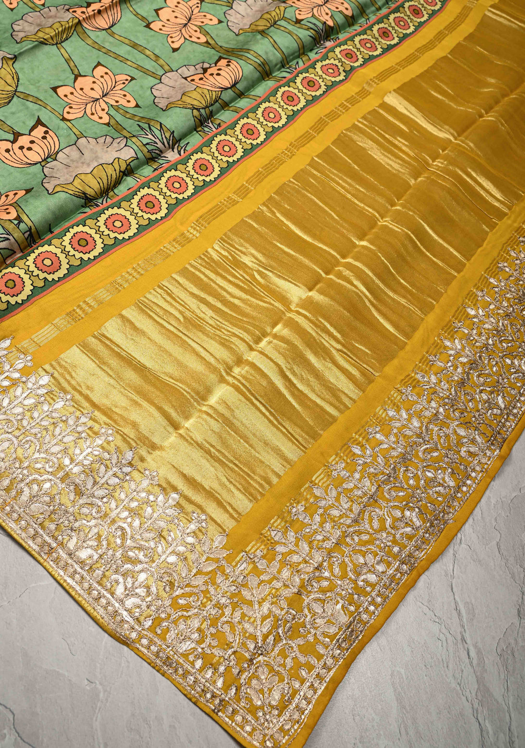 Green Gajji Silk Saree with Village Theme Kalamkari Digital Print and Gotta Patti Border | SHOBITAM