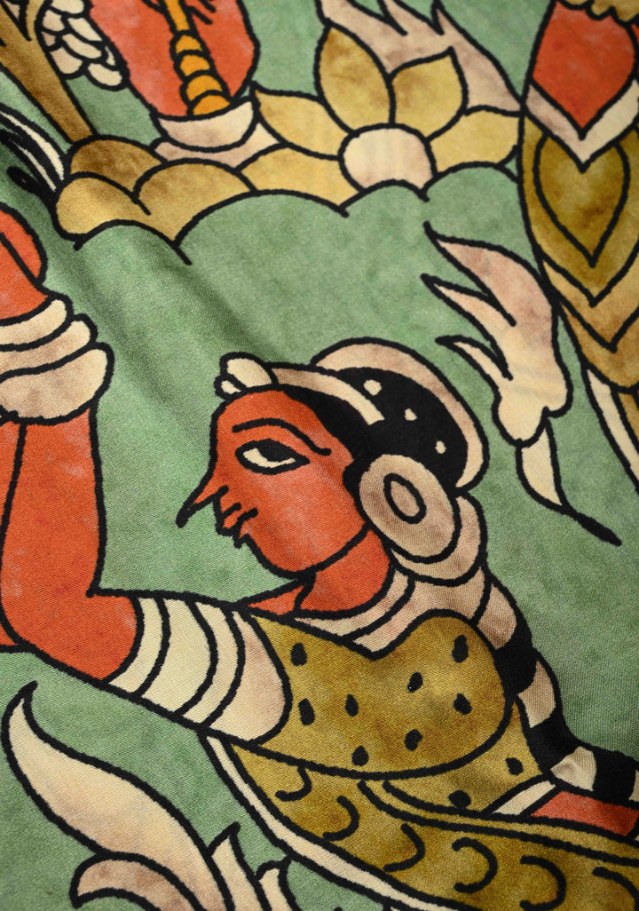 Green Gajji Silk Saree with Village Theme Kalamkari Digital Print and Gotta Patti Border | SHOBITAM