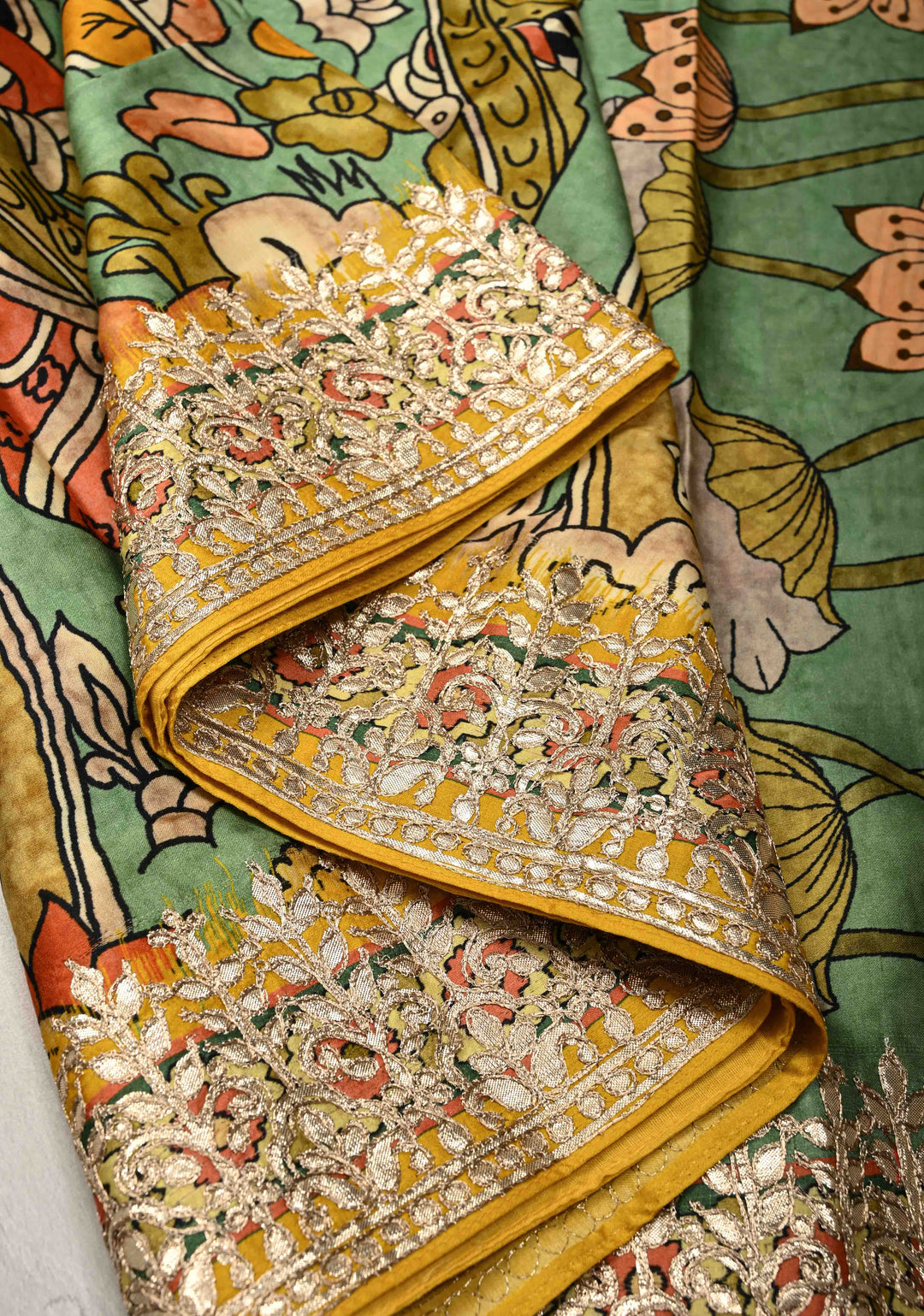 Green Gajji Silk Saree with Village Theme Kalamkari Digital Print and Gotta Patti Border | SHOBITAM
