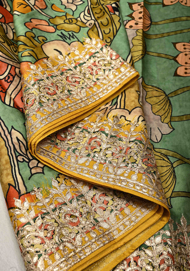 Green Gajji Silk Saree with Village Theme Kalamkari Digital Print and Gotta Patti Border | SHOBITAM