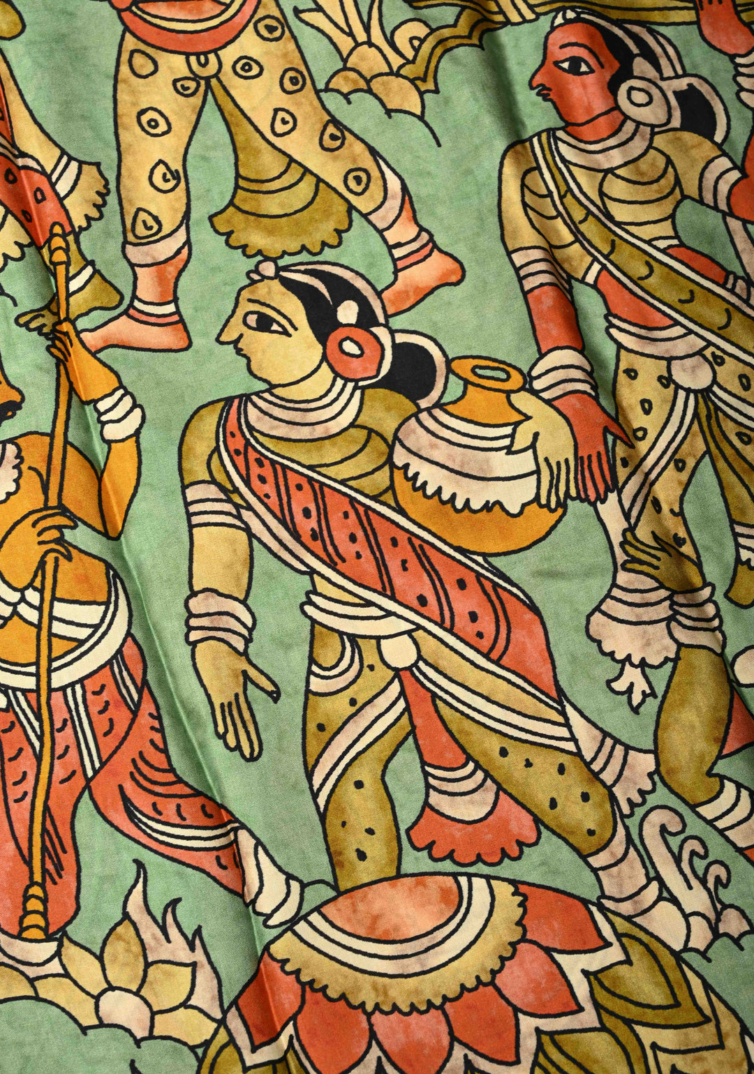 Green Gajji Silk Saree with Village Theme Kalamkari Digital Print and Gotta Patti Border | SHOBITAM