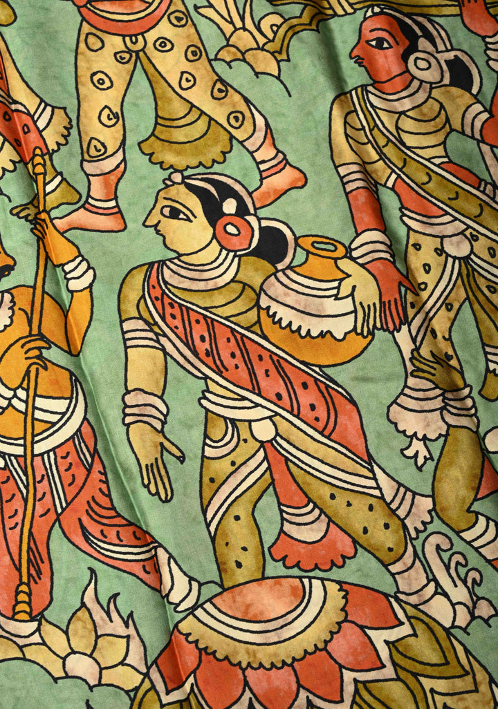 Green Gajji Silk Saree with Village Theme Kalamkari Digital Print and Gotta Patti Border | SHOBITAM
