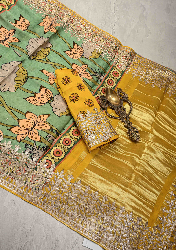 Green Gajji Silk Saree with Village Theme Kalamkari Digital Print and Gotta Patti Border | SHOBITAM