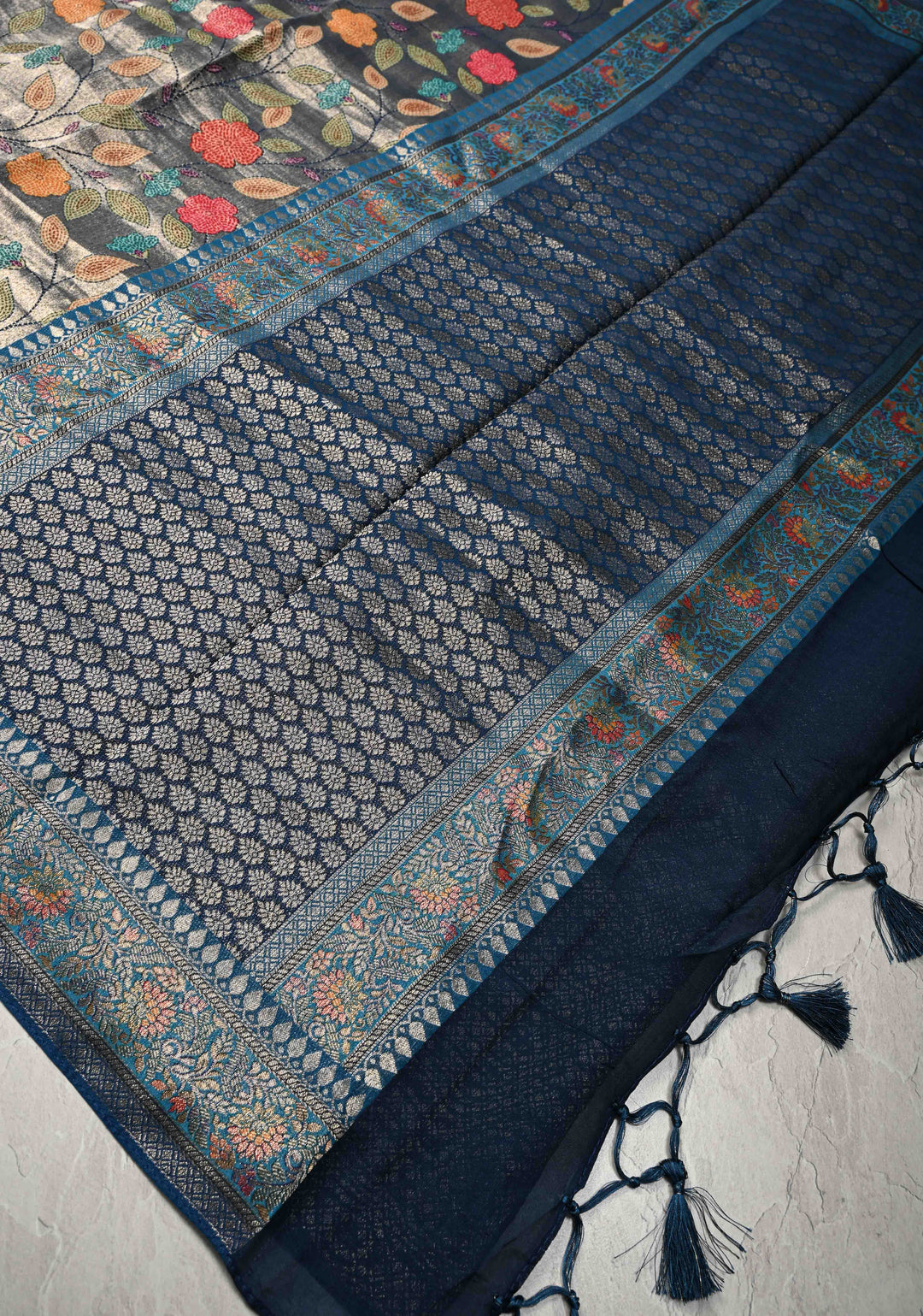 Blue Viscose Tissue Saree with Meenakari Floral Jaal and Zari Border | SHOBITAM