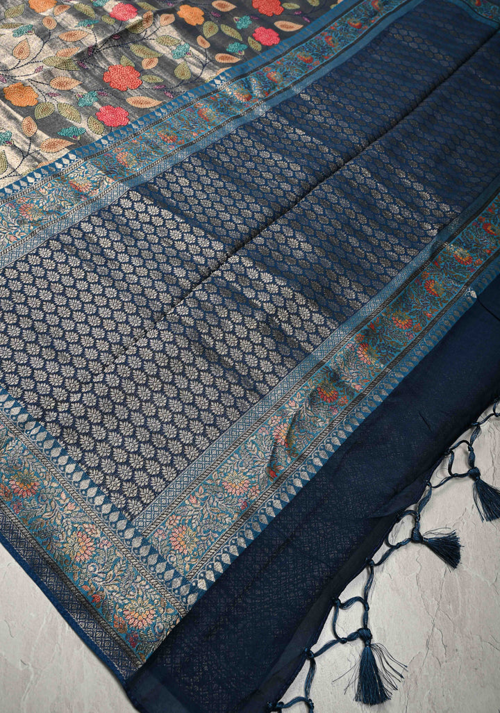 Blue Viscose Tissue Saree with Meenakari Floral Jaal and Zari Border | SHOBITAM