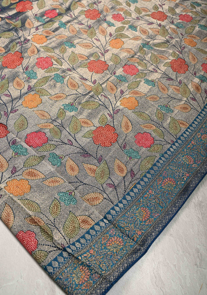 Blue Viscose Tissue Saree with Meenakari Floral Jaal and Zari Border | SHOBITAM