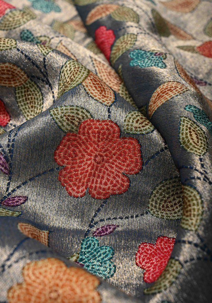 Blue Viscose Tissue Saree with Meenakari Floral Jaal and Zari Border | SHOBITAM