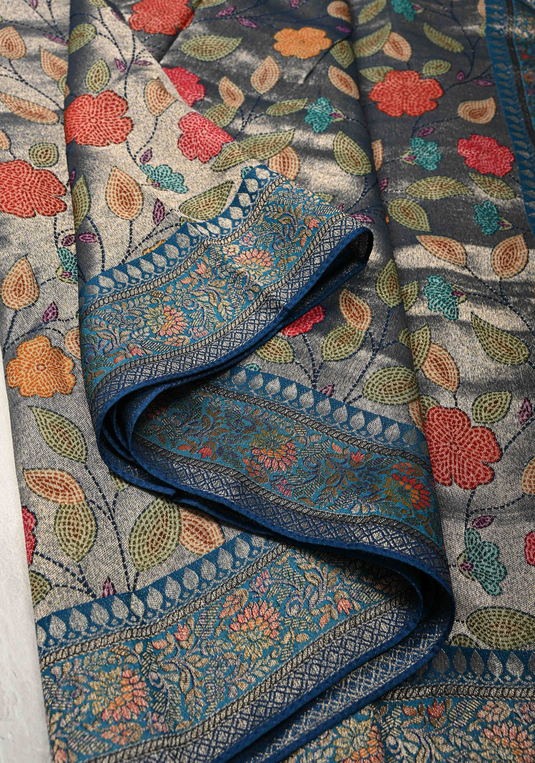 Blue Viscose Tissue Saree with Meenakari Floral Jaal and Zari Border | SHOBITAM