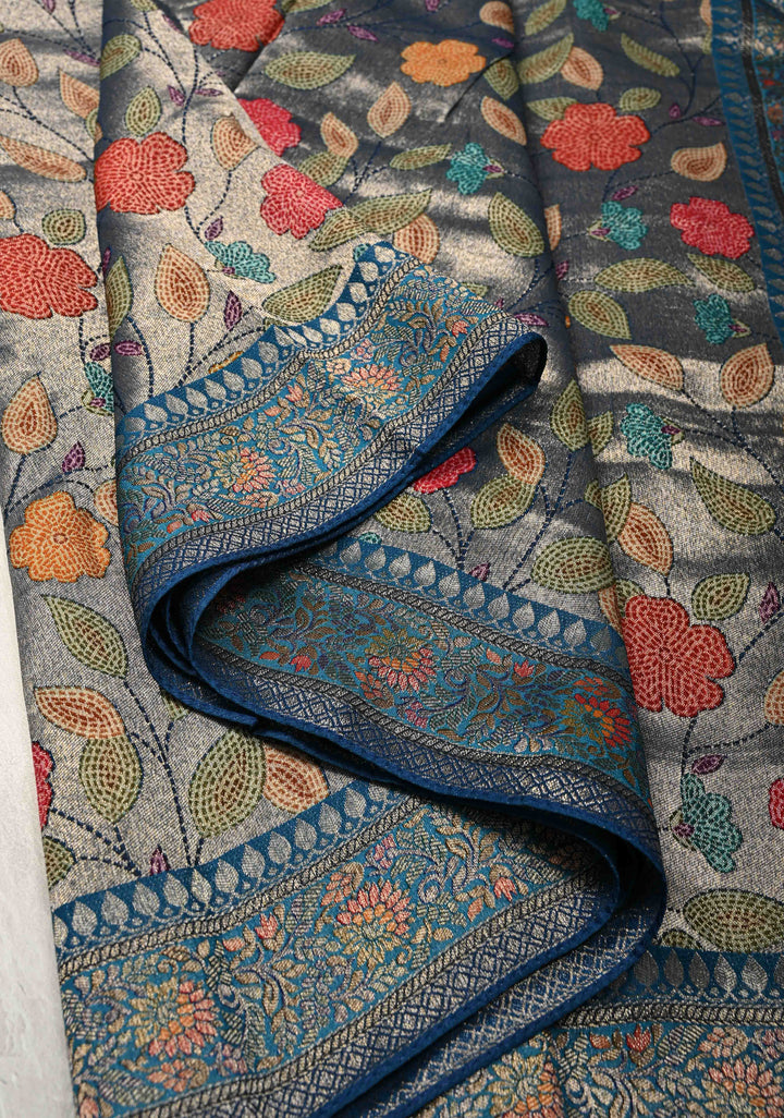 Blue Viscose Tissue Saree with Meenakari Floral Jaal and Zari Border | SHOBITAM