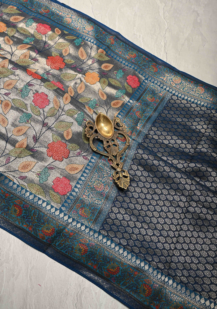 Blue Viscose Tissue Saree with Meenakari Floral Jaal and Zari Border | SHOBITAM