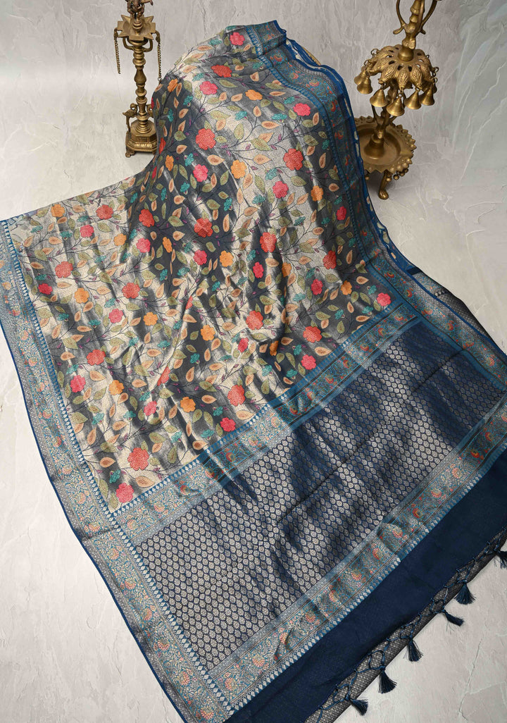 Blue Viscose Tissue Saree with Meenakari Floral Jaal and Zari Border | SHOBITAM