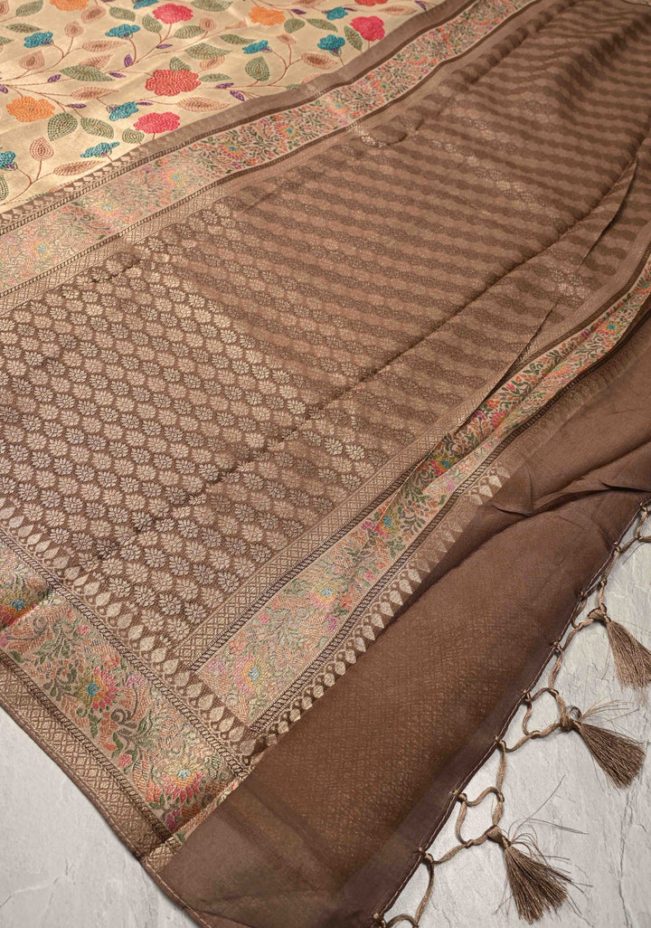 Beige Viscose Tissue Saree with Meenakari Floral Jaal and Zari Border