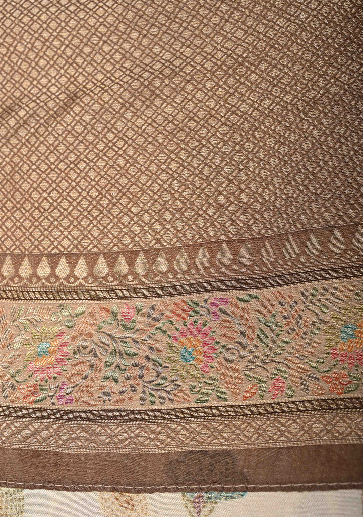 Beige Viscose Tissue Saree with Meenakari Floral Jaal and Zari Border