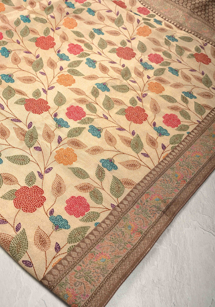 Beige Viscose Tissue Saree with Meenakari Floral Jaal and Zari Border