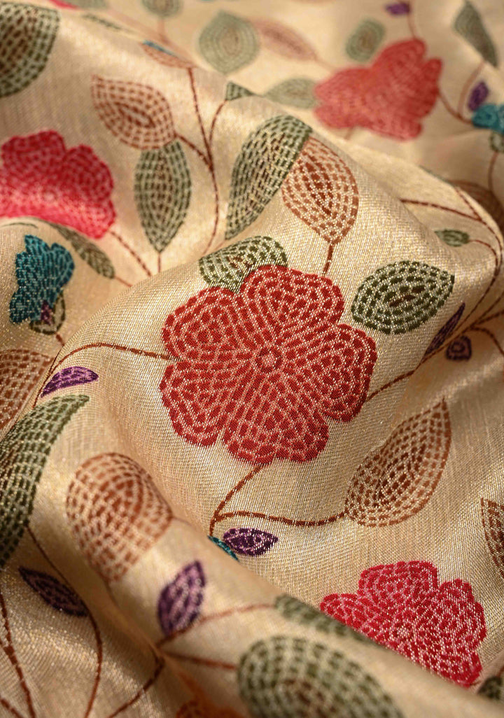Beige Viscose Tissue Saree with Meenakari Floral Jaal and Zari Border