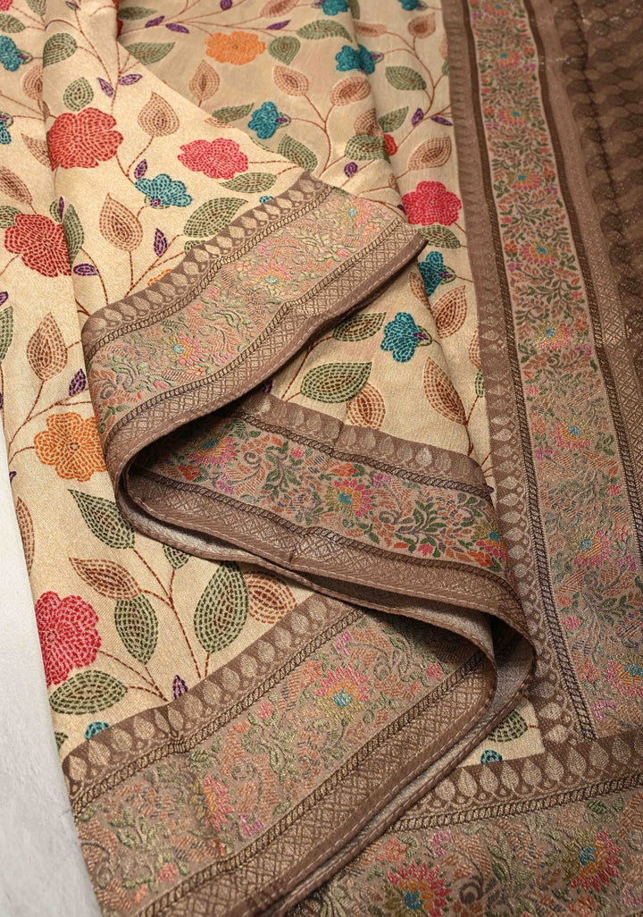 Beige Viscose Tissue Saree with Meenakari Floral Jaal and Zari Border