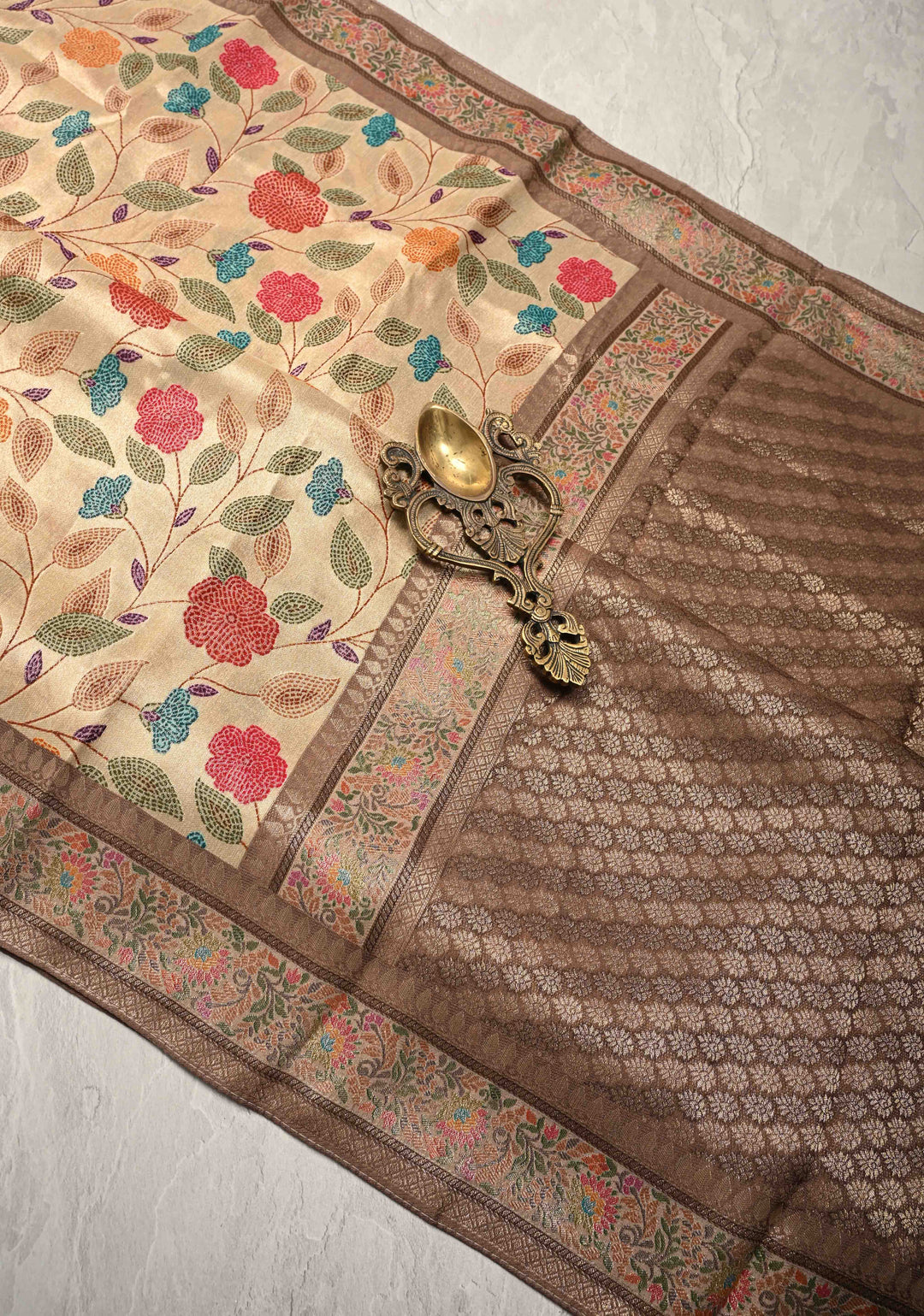 Beige Viscose Tissue Saree with Meenakari Floral Jaal and Zari Border