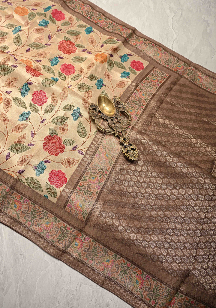 Beige Viscose Tissue Saree with Meenakari Floral Jaal and Zari Border