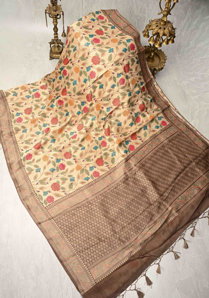Beige Viscose Tissue Saree with Meenakari Floral Jaal and Zari Border