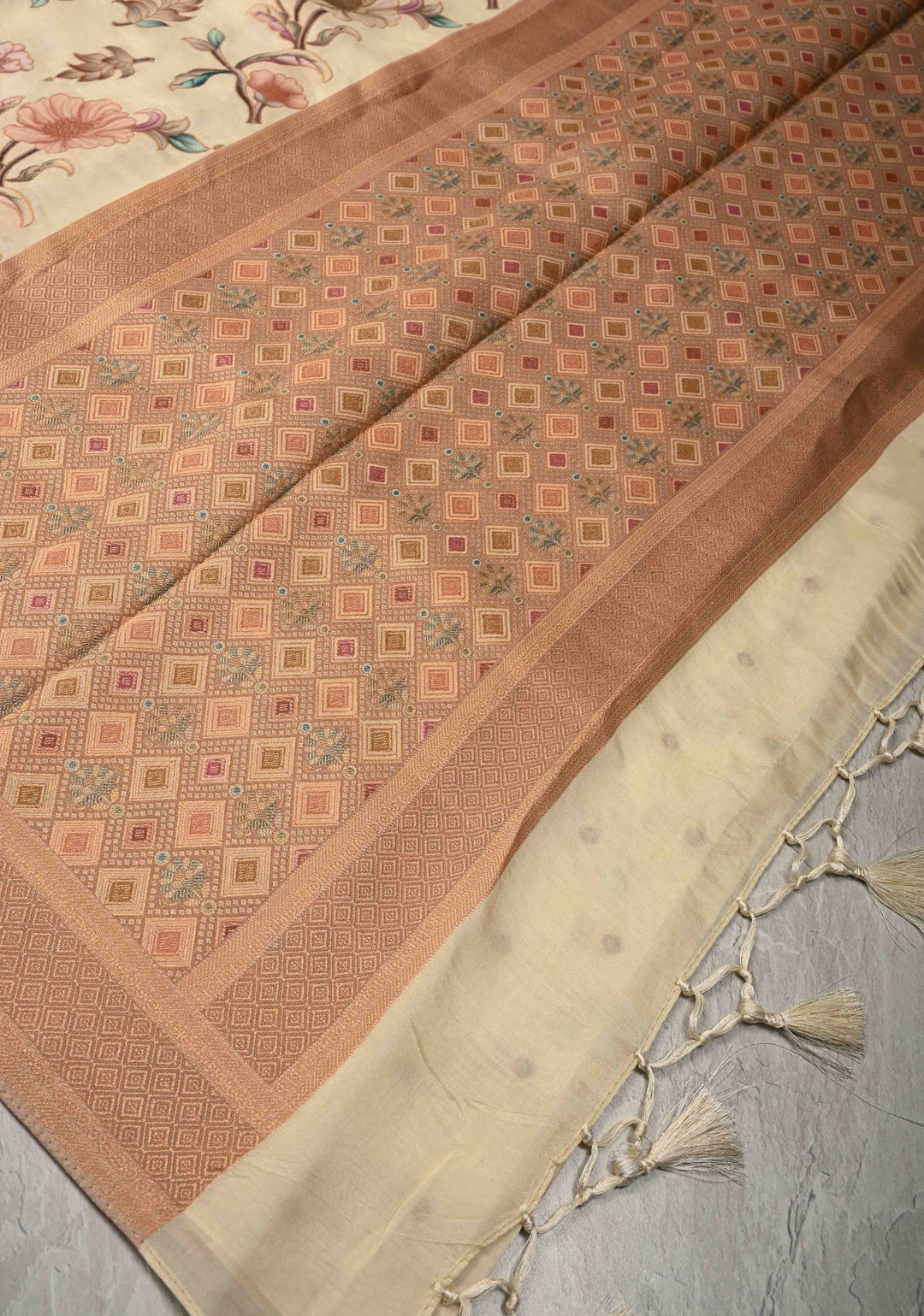 Off White Viscose Saree with Meenakari Floral Jaal and Zari Border