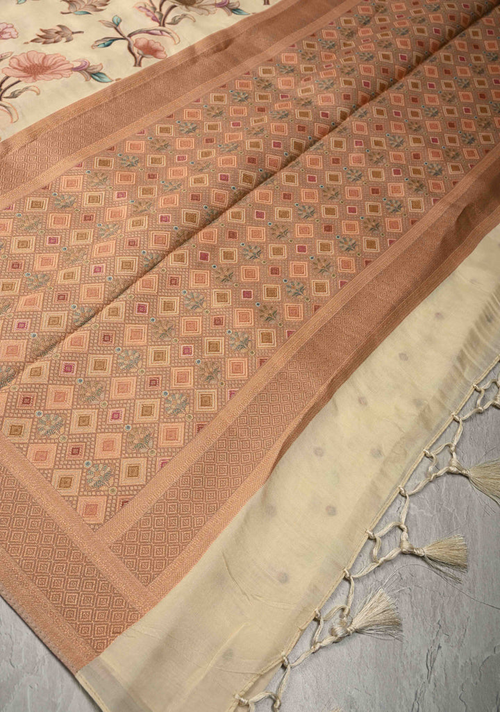 Off White Viscose Saree with Meenakari Floral Jaal and Zari Border